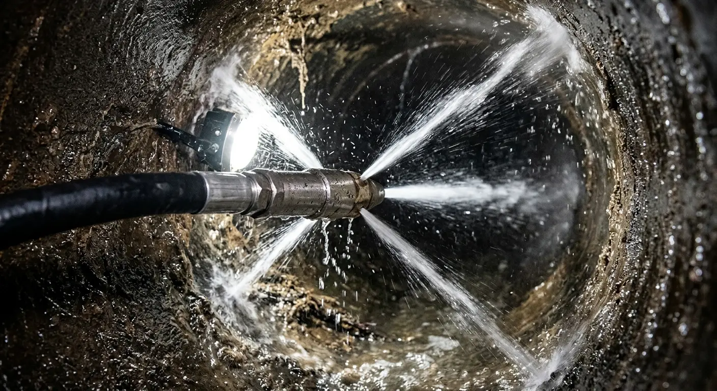 High-pressure hydro jetting nozzle cleaning sewer pipe for Emergency Drain Service in New Port Richey