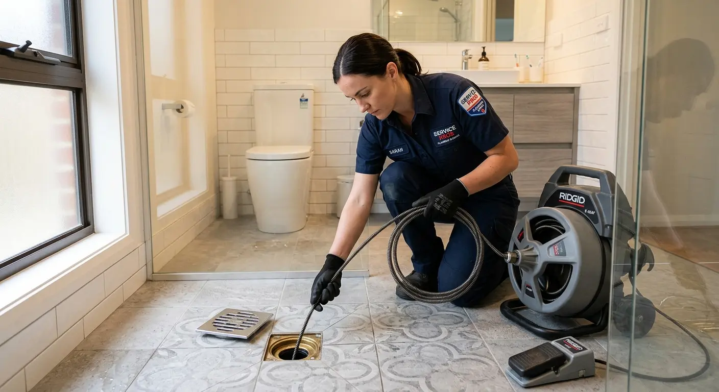 Technician clearing a bathroom floor drain for Clogged Drain Repair in New Port Richey